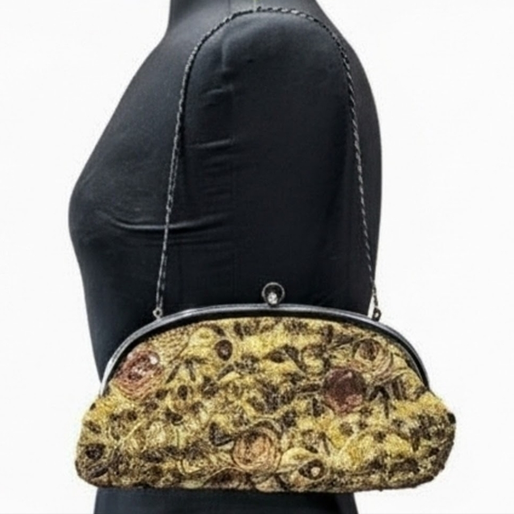 Y2K Mini Whimsigoth Handbag Tiny Frame Bag Gold Brocade Shabby Chic Retro Sequin